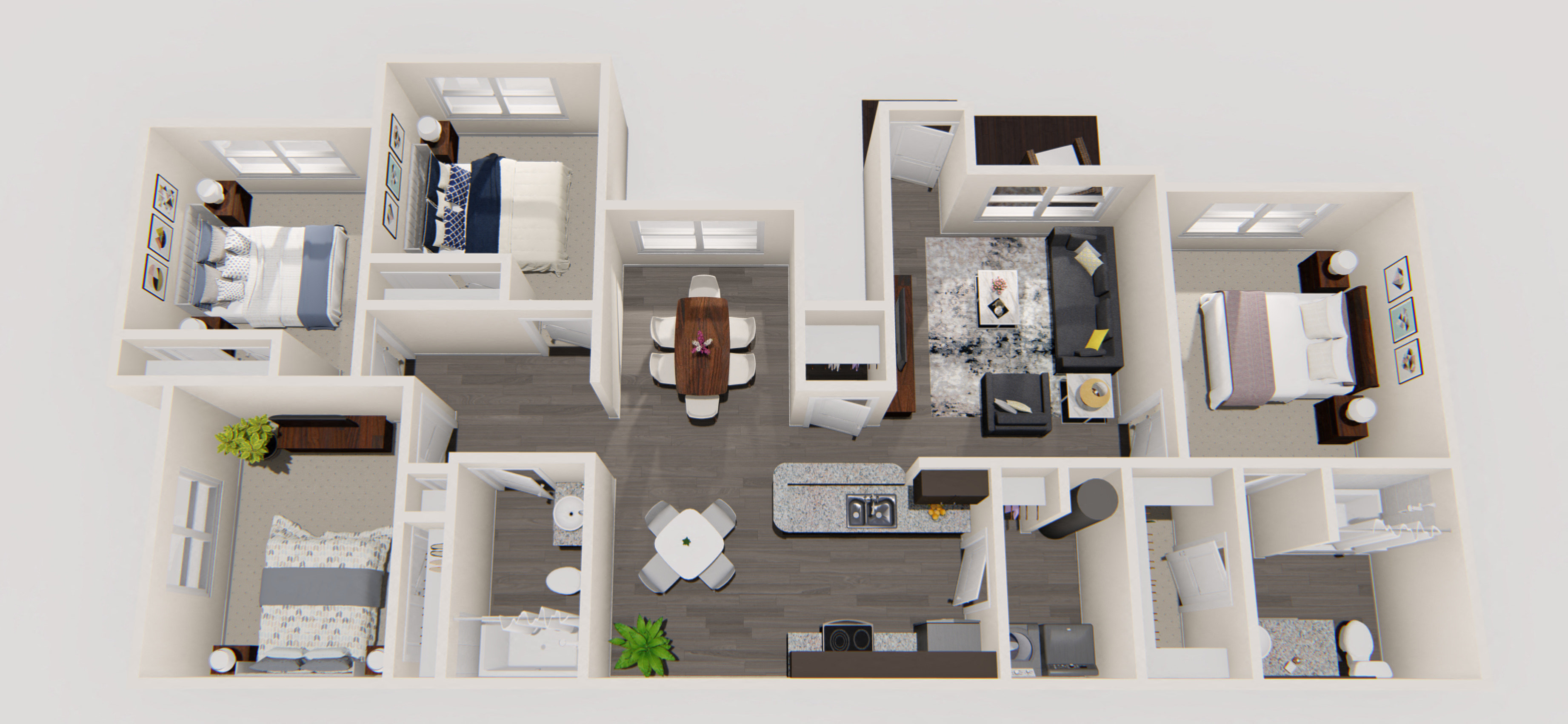 Floor plan for 4 beds, 2 baths, 1368 sqft